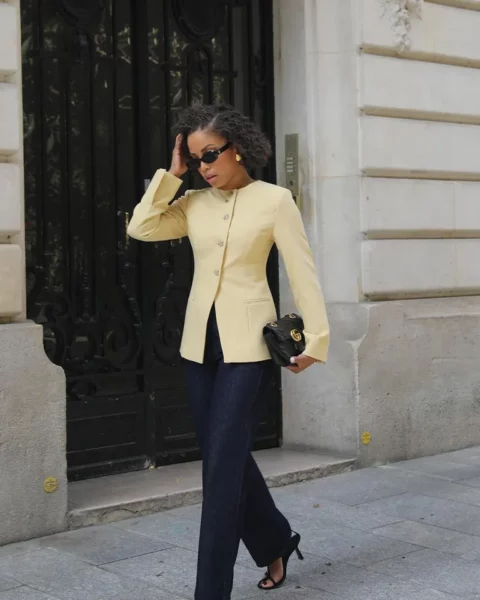 Sunglasses Oversized Earrings Yellow Blazer Wide Leg Jeans T Strap Sandals Shoulder Bag