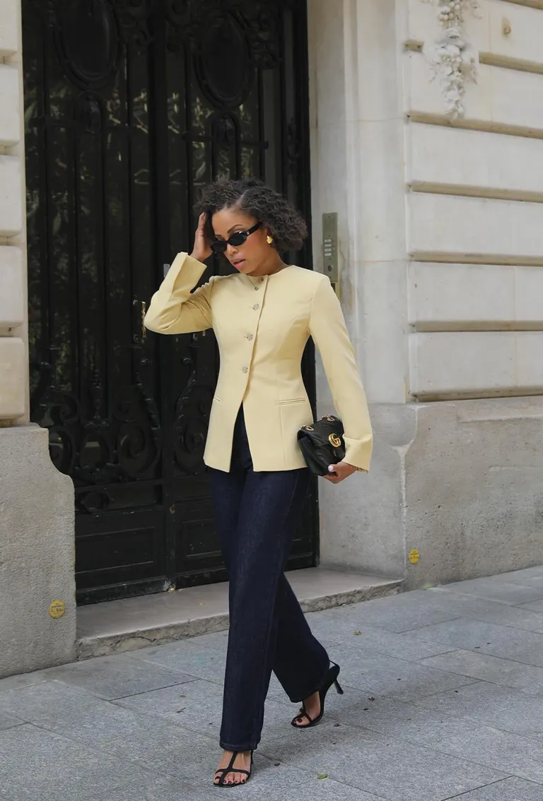 Sunglasses Oversized Earrings Yellow Blazer Wide Leg Jeans T Strap Sandals Shoulder Bag